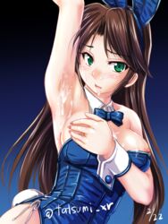 animal_ears arm_up armpits artist_name bare_shoulders blue_background blue_bow blue_leotard blue_neckwear blush bow bowtie breasts brown_hair bunny_ears bunny_tail clip_studio_paint_(medium) collarbone commentary_request cum cum_on_armpits cum_on_body cum_on_breasts cum_on_lips dated detached_collar eyebrows_visible_through_hair facial fake_animal_ears female fingernails gradient gradient_background green_eyes hand_on_own_chest large_breasts leotard long_fingernails long_hair nail_polish nipples original playboy_bunny ribbon shiny shiny_clothes signature solo strapless strapless_leotard tail tatsumi_ray twitter_username upper_body very_long_hair wrist_cuffs