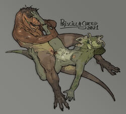 absurd_res anthro bodily_fluids ceratopsian dinosaur duo female female/female genitals hi_res holding_leg kosmoceratops nipples nude ornithischian predator/prey priscillasheep pussy reptile scalie sex theropod tribadism tyrannosaurid tyrannosaurus tyrannosaurus_rex vaginal_penetration yuri