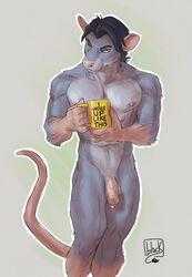 anthro blue_hair casual_nudity coffee_mug flaccid foreskin fur genital_piercing genitals grey_body grey_fur hair hi_res humanoid_genitalia humanoid_penis lion21 male male_focus male_only mammal murid murine muscular muscular_male nipple_piercing nipples nude one-two penis penis_piercing piercing prince_albert_piercing rat rodent solo