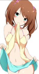 1boy asuta_(ayustat0423) belly belly_button bow_camisole brown_hair camisole camisole_lift femboy halter_top hips idolmaster_side-m male mizushima_saki navel otoko_no_ko skirt skirt_lift solo trap