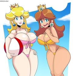 2021 2girls beach_ball beach_towel big_breasts bikini blonde_hair blue_eyes breasts brown_hair cleavage clothing cloud crown curvy cute earrings female female_only hands_on_hips happy holding_object human light_skin looking_at_viewer male mario_(series) multiple_boys nintendo orange_bikini outdoors pink_bikini princess_daisy princess_peach saltynoodles skimpy_bikini skin_tone_difference sky smile smiling string_bikini swimsuit tan_skin thick_thighs thighs voluptuous yellow_bikini
