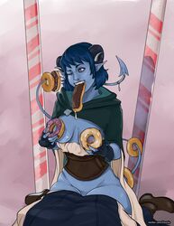 1boy 1girls blue_hair blue_skin boots breasts breasts_out cleric corset critical_role critical_role:_the_mighty_nein demon donut female female_focus food food_play hood horns humanoid jester_lavorre partially_clothed pointy_ears sitting_on_person tail tiefling wink winking zaun-derground