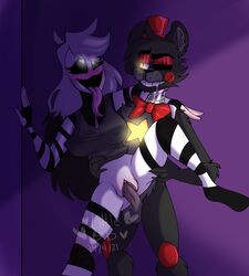 blush drooling duo female five_nights_at_freddy's five_nights_at_freddy's_2 freddy_fazbear's_pizzeria_simulator goldbite83 hand_on_wall heart-shaped_pupils heart_eyes lefty_(fnaf) looking_at_partner marionette_(fnaf) puppet_(fnaf) selfcest standing_on_one_leg standing_sex striped_armwear striped_legwear stripes tongue_out