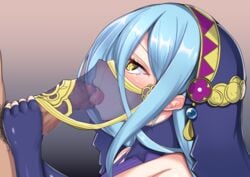 1boy 1girls aqua_hair azura_(fire_emblem) azura_(performing_arts)_(fire_emblem) blue_hair censored dancer dancer_outfit ebon fellatio fellatio_under_mask fellatio_under_veil fingerless_gloves fire_emblem fire_emblem_fates fire_emblem_heroes gloves hair_between_eyes light_blue_hair mouth_veil mysterious_dancer nintendo oral tongue_in_foreskin veil yellow_eyes