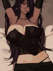 1girls absurd_res arm_gloves arms_above_head arms_up black_hair cleavage clothing corset earrings ennuigrl erato_(ennuigrl) female female_only hair_over_one_eye long_hair lying lying_on_bed narrowed_eyes necklace open_clothes original_character red_eyes side-tie_panties solo solo_female solo_focus upper_body