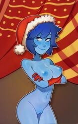 1girls blush breasts christmas christmas_hat lapis_lazuli_(steven_universe) looking_to_the_side nipples nude pussy smokyholes solo steven_universe tagme