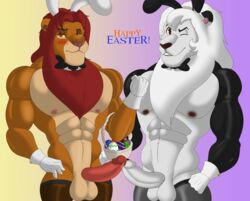 2boys anthro balls barazoku basket biceps blush bodily_fluids bow_tie clothing costume digital_media_(artwork) disney duo egg erection fake_ears fake_rabbit_ears felid foreskin fur gay genital_fluids genitals gloves handwear hi_res humanoid_genitalia humanoid_penis kimba kimba_the_white_lion klr-rio legwear leonine lion looking_at_viewer male male_only mammal muscular muscular_anthro muscular_male nipples nude osamu_tezuka_works pantherine pecs penis precum reverse_bunny_costume simba simple_background smile stockings the_lion_king translucent translucent_clothing yaoi