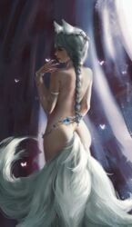 1girls ahri animal_ears bracelet bracelets braid butterflies butterfly claws female female_focus female_only fluffy kitsune league_of_legends multiple_tails nixeu nude painting_(artwork) realistic riot_games solo tagme white_hair wreath