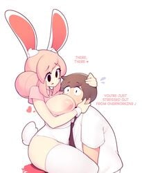 1boy 1girls areolae black_eyes breasts breasts_out brown_hair bunny_ears bunny_girl bunny_tail clothing dialogue english_text female fiz fizintine head_between_breasts head_hug heart hi_res huge_breasts hugging looking_at_partner male necktie nipples original pink_hair shirt simple_background text thick_thighs thighhighs white_background white_thighhighs wholesome wrist_cuffs