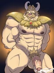 abs absurd_res alternate_version_at_source anthro armor asgore_dreemurr balls bara beard blonde_hair bodily_fluids body_hair boss_monster bovid brown_eyes caprine chest_hair cum cum_drip cumshot dripping ejaculation facial_hair foreskin fur genital_fluids genitals hair hands_behind_back hi_res horn humanoid_genitalia humanoid_penis male male_only mammal muscular muscular_anthro muscular_male narrowed_eyes nipples open_mouth pauldron pecs penis pubes solo uncut undertale video_games wani_panic white_body white_fur