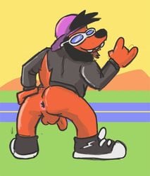 anthro anus backsack balls bottomless canid canine canis clothed clothing domestic_dog eyewear flaccid genitals hickeybickeyboo jacket leather leather_clothing leather_jacket leather_topwear looking_back male male_only mammal penis poochie_(the_simpsons) solo sunglasses the_simpsons topwear