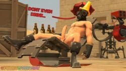 1boy abs annoyed boots desert erect fourtisverygay gloves mask nude nude_male presenting_penis pyro sentry sitting solo_male sunbathing team_fortress_2