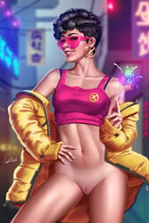 1girls alternate_version_available bikini_tan bottomless douglas_bicalho female female_only jubilee marvel marvel_comics piercing pink-tinted_eyewear pussy pussy_piercing shaved_pussy short_hair solo sunglasses suntan tanline tinted_eyewear vagina visor x-men