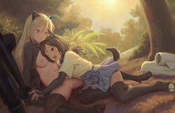 2girls animal_ears bigrbear blonde_hair blush breasts brown_hair clothing female green_eyes heinrike_prinzessin_zu_sayn-wittgenstein hug kuroda_kunika long_hair multiple_girls nipples no_bra nopan open_shirt painting_(artwork) pussy short_hair skirt small_breasts spread_legs stockings strike_witches tail thighhighs tree uncensored wink yuri