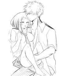 1boy 1boy1girl 1girls blouse blush blushing breasts clothing fingering fingering_pussy grchloex hetero katsuki_bakugou male/female my_hero_academia nipples ochako_uraraka on_lap sitting_on_lap straight tie