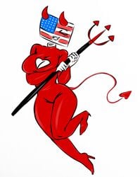 1girls american_flag bodysuit costume countryhumans countryhumans_girl demon_horns demon_tail devil_costume female flawsy high_heels holding_trident slippers solo trident united_states_of_america united_states_of_america_(countryhumans)