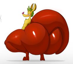 anthro ass big_ass big_butt blush chest_tuft crouching femboy green_hair hair hi_res huge_ass huge_butt huge_thighs hyper hyper_ass hyper_butt kangaroo large_ass macropod male mammal marsupial multicolored_body narrowed_eyes pink_nose red_body schplingnops simple_background smile solo tail teeth thick_tail thick_thighs tuft wide_hips yellow_body