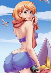 1girls ass back big_ass breasts bubble_ass bubble_butt dat_ass female female_only green_eyes huge_ass kasumi_(pokemon) kiraelart large_ass looking_at_viewer orange_hair pokemon pokemon_(species) pokemon_rgby red_hair redhead sky smile smiling solo spandex starmie wet wingull