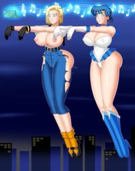 2girls ami_mizuno android_18 bishoujo_senshi_sailor_moon blonde_hair blue_eyes blue_hair bluebullpen boots bracelet breasts clothing crossover dragon_ball dragon_ball_z erect_nipples erect_nipples_under_clothes expressionless female female_only floating gloves high_heels huge_breasts hypnotic hypnotic_music jewelry large_breasts long_legs mary_janes multiple_girls necklace sailor_mercury sailor_uniform short_hair spiral_eyes symbol_in_eyes tech_control topless torn_clothes zombie_walk