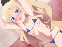 1boy 1boy1girl armpits arms_up bathroom bikini bikini_bottom_pull bikini_lift blonde_hair blue_bikini blue_eyes blush breasts collarbone cum cum_in_pussy doggy_style eyebrows_visible_through_hair female hiiragi_mayuki hinako_note long_hair navel nipples open_mouth sex sex_from_behind shiny shiny_hair shiny_skin side-tie_bikini small_breasts smile swimsuit swimwear torso_grab yamiochi_umekichi