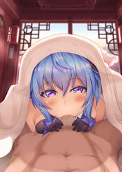 1boy :>= abs bare_shoulders bed_sheet bedroom blue_hair blush breast_press breasts censored clothed_female_nude_male cloud cloudy_sky erection eye_contact fellatio female ganyu_(genshin_impact) genshin_impact gloves half-closed_eyes highres horns lips looking_at_another looking_at_viewer lying male mosaic_censoring navel nude on_back on_bed open_mouth oral penis pov purple_eyes saliva sex sky stomach straight under_covers window