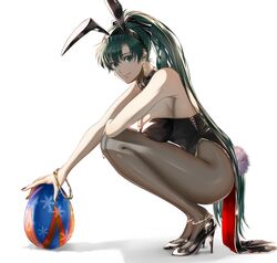 1girls animal_ears bangs bare_shoulders black_footwear black_nails bow bowtie bracelet breasts bunny_ears bunny_girl bunny_tail bunnysuit cleavage closed_mouth commentary_request delsaber earrings easter_egg egg fake_animal_ears fake_tail female fire_emblem fire_emblem:_the_blazing_blade fishnet_legwear fishnets full_body green_eyes green_hair hair_between_eyes high_heels high_ponytail highres holding holding_egg jewelry large_breasts long_hair looking_at_viewer lyn_(fire_emblem) nail_polish playboy_bunny ponytail shadow simple_background smile solo squatting tail white_background