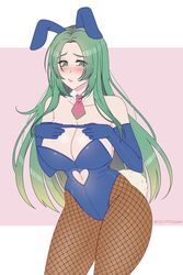 1girls alternate_breast_size bare_shoulders big_breasts breasts bunny_ears bunny_girl bunnysuit cleavage collarbone cryptid_crab elbow_gloves embarrassed fire_emblem fire_emblem:_path_of_radiance fire_emblem:_radiant_dawn fishnet_stockings fishnets gloves green_eyes green_hair index_fingers_together large_breasts long_hair looking_away nephenee_(fire_emblem) nintendo pantyhose shy solo solo_female