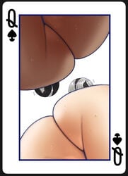 ass black_hair bodily_fluids card chocolate_and_vanilla dark_skin duo female grey_hair hair headband joylewds light_skin looking_down nier:_automata queen_of_spades shocked short_hair spade square_enix sweat yorha_2b yorha_2p