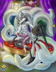 1futa alyn_gryphon anthro balls breasts cum cum_in_mouth cum_in_own_mouth diphallia diphallism furry futa_only futanari huge_cock kitsune large_breasts large_penis multi_penis multi_tail penis solo