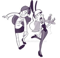 2girls ass_slap bunny_costume bunny_ears bunny_girl bunny_tail bunnysuit disney disney_channel disney_xd earrings female female_only flats gasping gravity_falls heels leggings mabel_pines monochrome multiple_girls pacifica_northwest playboy playboy_bunny risingfang serving serving_tray slap smooth_skin