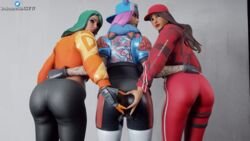 16:9 3d 3d_(artwork) 3girls ass ass_focus baseball_cap blender brown_eyes brown_hair butt_focus clothed clothes darkbahamuth female female_only fingerless_gloves fortnite from_behind gloves hat heart_hands hood_down long_sleeves looking_back lynx_(fortnite) patreon_username pink_hair ruby_(fortnite) short_sleeves sunbird tattoo_on_arm tattoos twitter_logo twitter_username