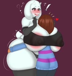 2girls anthro ass_grab between_breasts breast_smother entrapment face_between_breasts female female_only fladdykin frisk groping huge_ass huge_breasts multiple_girls shared_clothes smothering toriel trapped_in_clothing undertale