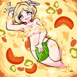 1girls aki_rosenthal blonde_hair cheese female food food_play hololive hololive_gen_1 hololive_japan laying_down laying_on_back leaf leaf_on_crotch nude pizza purple_eyes solo_female spiral_eyes strategically_covered toonhoshi virtual_youtuber