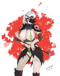 1girls armour arrow ecchieel female fishnet fishnets green_eyes mask monster_hunter nipple_piercing nipple_slip nipples pecks pinup sling_bikini suggestive white_hair