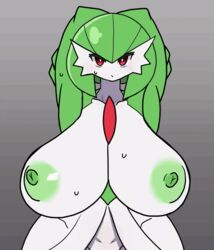 1girls 3_fingers animated anthro anthro_only anthrofied areola areolae big_breasts bodily_fluids bouncing_breasts breasts cute eyelashes facing_viewer female female_only frame_by_frame front_view game_freak gardevoir gif green_nipples grey_background huge_breasts humanoid jiggle large_breasts looking_at_viewer nintendo nipples not_furry pokémon_(species) pokemon pokemon_(species) pokemon_rse pokemorph red_eyes short_playtime simple_background solo solo_female sweat sweatdrop top_heavy uenositasayuu video_games