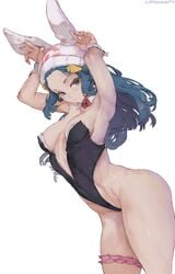 1girls absurd_res alternate_breast_size areola_slip artist_name blue_eyes blue_hair breasts bunny_ears bunnysuit carrot_hair_ornament cleavage curvy cutesexyrobutts dawn_(pokemon) female female_only hair_ornament hi_res human long_hair medium_breasts nintendo nipple_slip nipples pokemon pokemon_dppt pose revealing_clothes signature solo thighs white_background wide_hips