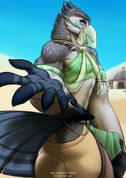 2019 anthro ass avian beak bird breath_of_the_wild bulge clothed clothing crossdressing diaszoom digital_media_(artwork) erection feathers genital_outline gerudo_outfit hi_res looking_at_viewer looking_back male nintendo penis_outline purple_eyes rito smile smiling_at_viewer solo standing tail_feathers tenting the_legend_of_zelda vari_(yufuria) video_games winged_arms wings