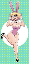 1girls big_breasts blonde_hair blue_eyes bowtie bunny_costume bunny_ears bunnysuit cleavage clothed clothed_female clothes clothing codykins123 cute detached_collar fake_animal_ears female female_only footwear fully_clothed gwen_poole gwenpool gwenpool_(series) heels high_heels leotard marvel marvel_comics multicolored_hair on_one_leg pink_highlights revealing_clothes solo superheroine