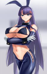 2021 arms_under_breasts armwear bare_shoulders belly belly_button big_breasts bikini bikini_top black_bikini blue_eyes blush bowtie breasts bunny_ears bunny_girl bunnysuit cleavage covered_nipples earring earrings embarrassed fate/grand_order fate_(series) female gachou large_breasts latex latex_armwear latex_pants long_hair midriff navel nipples_visible_through_bikini purple_hair reverse_bunnysuit saint_martha standing stomach trembling type-moon white_gloves