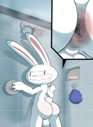 anthro anus ass balls blush casual casual_exposure exposed_penis furry jerseydevil lagomorph looking_at_viewer male_anus male_only male_penetrating max_(sam_and_max) nudist penis sam_and_max shower solo tail testicles yaoi