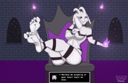 0v00w0_(artist) 2021 4_toes anthro asriel_dreemurr asriel_dreemurr_(god_form) black_body black_eyes black_fur bovid breasts brick_wall caprine castle chains chair dialogue dialogue_box english_text facial_markings feet female female_asriel fire foot_fetish fur furniture genitals goat head_markings hi_res hindpaw humanoid_feet legs_up looking_at_viewer magic mammal markings mtf_crossgender multicolored_body multicolored_fur paws pussy rule_63 signature soles solo star tattoo text throne toes torch two_tone_body two_tone_fur undertale video_games wall_(structure) white_body white_fur