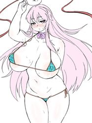 1girls areola_slip big_areola breasts chubby curvy_female expressionless female female_only gamukami hata_no_kokoro large_breasts long_hair mask micro_bikini micro_bikini_top pink_hair solo sweat sweatdrop touhou very_long_hair youkai