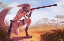 animal_ears blonde_hair blowgun braid breasts brown_eyes brown_hair casual_nudity female female_only flat_chest foxgirl fringe khiara_(personalami) navel nipples nude original personalami petite pussy short_hair signed small_fringe tail teenager uncensored weapon