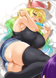 1boy 1girls ass big_breasts blonde_hair breasts cle_masahiro eating food hat horns large_breasts long_hair miss_kobayashi's_dragon_maid multicolored_hair on_side popsicle quetzalcoatl_(dragon_maid) shorts skindentation tagme tank_top thick thick_thighs thighhighs tongue_out