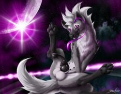 2020 alternate_version_at_source animal_genitalia animal_penis blep claws cosmic_background dark_violet dark_violet_(character) digitigrade feral fur genitals grey_body grey_fur half-erect hi_res hyaenid knot looking_at_viewer male mammal moon multi_nipple nipples pawpads penis pink_eyes presenting quadruped smile solo spotted_hyena spread_legs spreading starry_background tongue tongue_out white_body white_fur