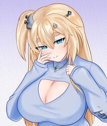 1girls 5_fingers big_breasts blonde_hair blue_eyes blush blushing breasts cleavage cleavage_cutout eyebrows eyebrows_visible_through_hair eyelashes female female_only hair_decoration hdinjato hime_hajime huge_breasts large_breasts looking_at_viewer necklace seductive seductive_eyes seductive_look seductive_smile simple_background smile smiling smiling_at_viewer solo solo_female sweater virtual_youtuber voluptuous vshojo