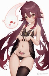 1girls bandaids_on_nipples belly black_lingerie blush boo_tao_(genshin_impact) breasts brown_hair dress_lift female flashing genshin_impact ghost hi_res hu_tao_(genshin_impact) l_ract lifted_by_self lingerie looking_at_viewer navel negligee pubic_tattoo red_eyes small_breasts tattoo thighhighs twintails