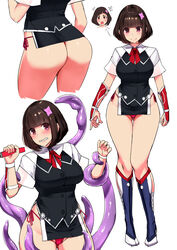 1girls ^^^ arm_guards ass bangs black_hair blunt_bangs blush breasts character_sheet commentary_request crotch_panel curvy female highres ishimiso_(ishimura) large_breasts looking_at_viewer microskirt multiple_views ninja office_lady original panties pantyshot pink_eyes pink_panties short_hair side-tie_panties skirt smile tentacle thick_thighs thighs thong_straps underwear