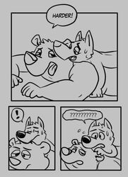 ! 2014 ? anthro bodily_fluids canid canine canis closed_eyes comic domestic_dog duo english_text humanoid_hands male male/male mammal monochrome obese obese_anthro obese_male osos overweight overweight_anthro overweight_male sweat text ursid