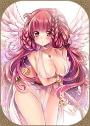 angel angel_wings bare_shoulders blush bra bracelet braid breast_hold character_request cleavage female_focus jewelry large_breasts leaning_forward loincloth long_hair looking_at_viewer necklace red_eyes red_hair sakurano_ruu solo standing tree_of_savior wings